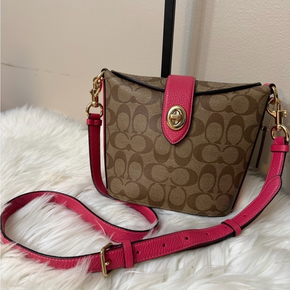 Coach c2817 Addie Crossbody In Signature Canvas Khaki Fuschia Org $328 - Picture 11 of 13